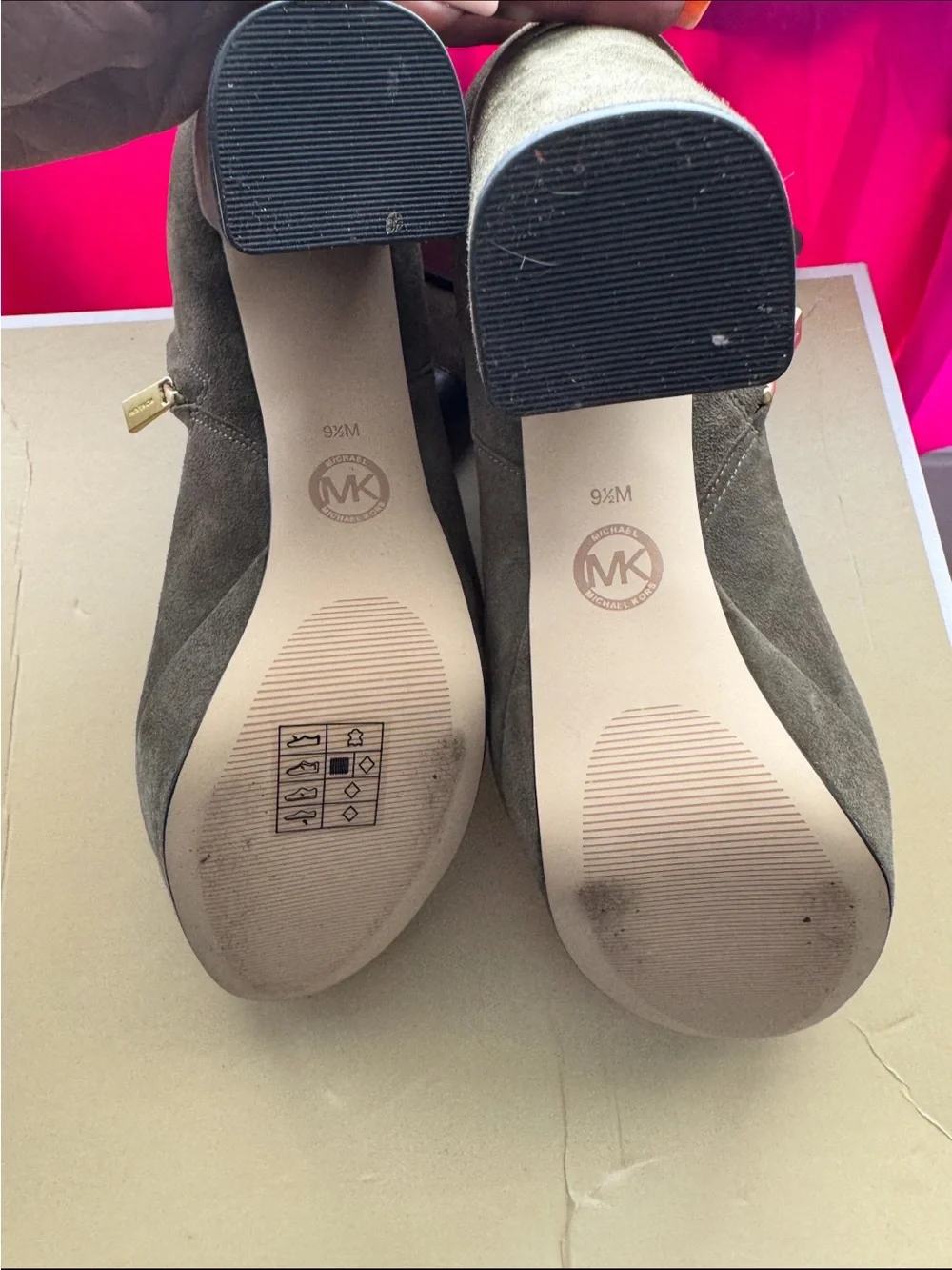 Michael Kors Olive Suede Platform Ankle Boots with Black Straps